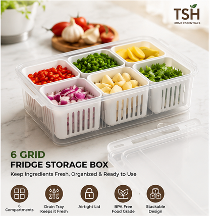 6-Grid Airtight Fridge organizer with Drain Compartment