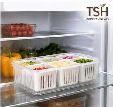 6-Grid Airtight Fridge organizer with Drain Compartment